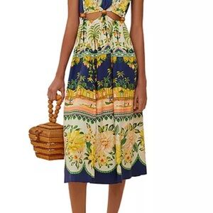 FARM Rio Amazon Garden Navy, Cream and Yellow Floral Cutout Midi Dress